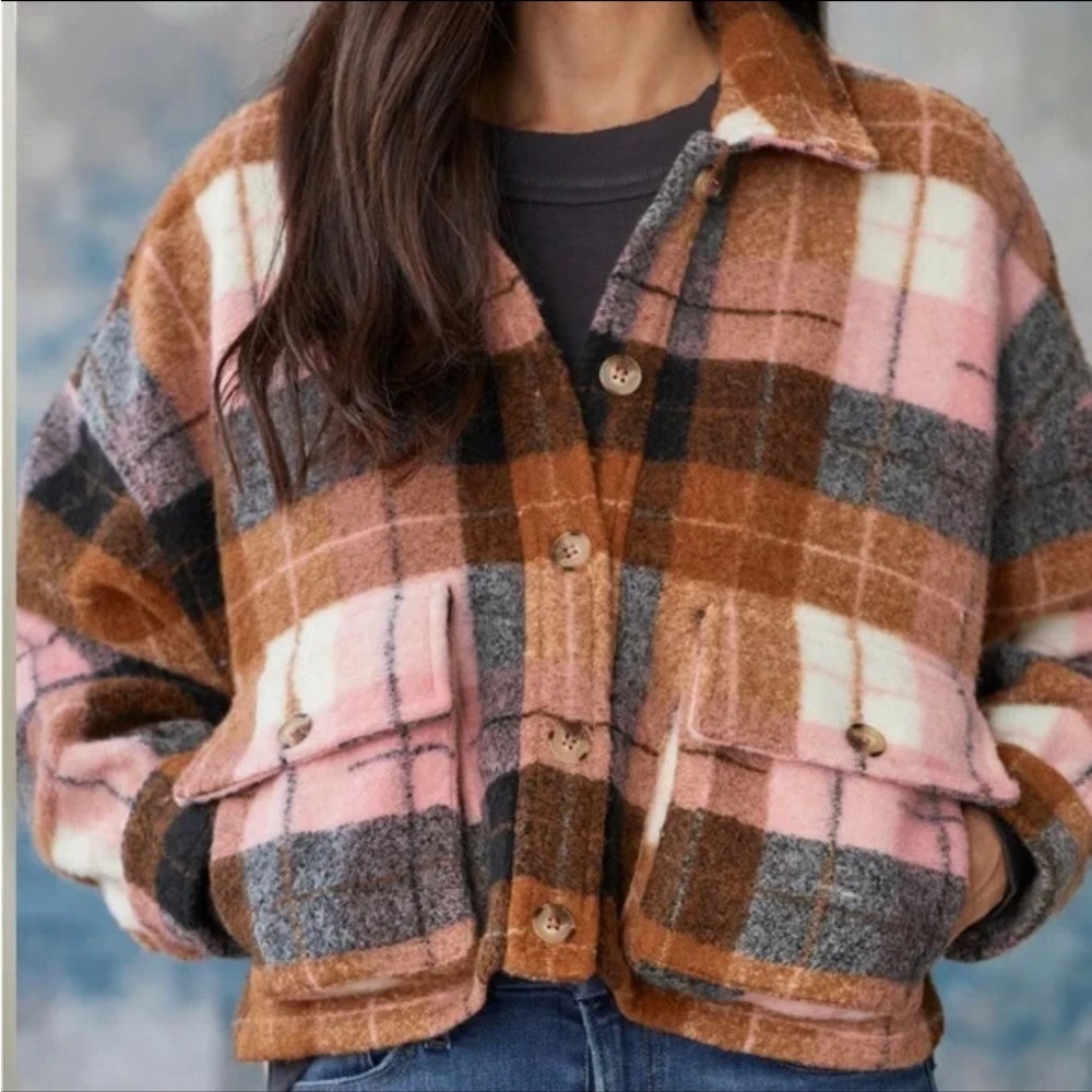 NWT Saltwater Luxe Pink and Brown Plaid Cropped Jacket sz M